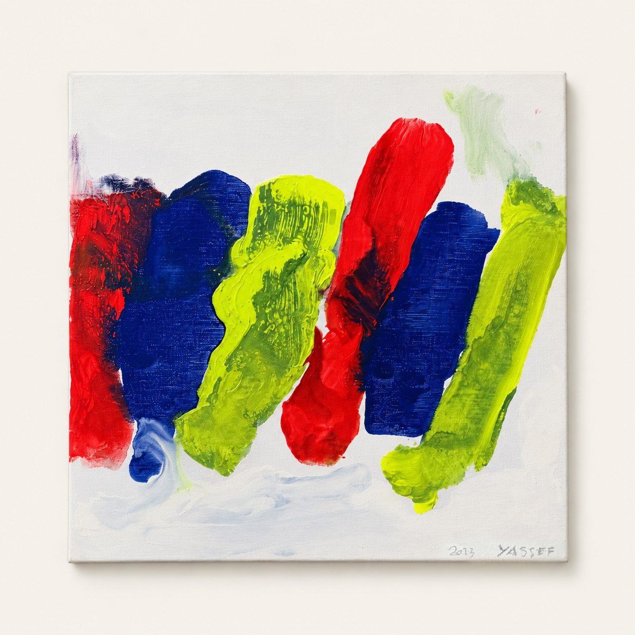 Sans titre, 2023, aplats rouge, bleu et vert fluo