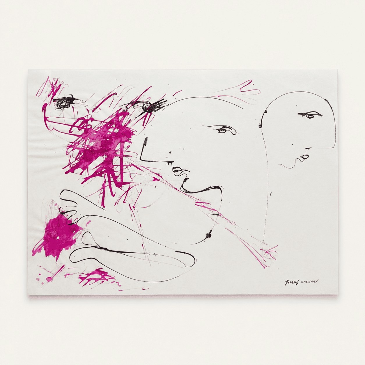 Sans titre, 21 août 1988, deux visages à l'encre de Chine rose et noire