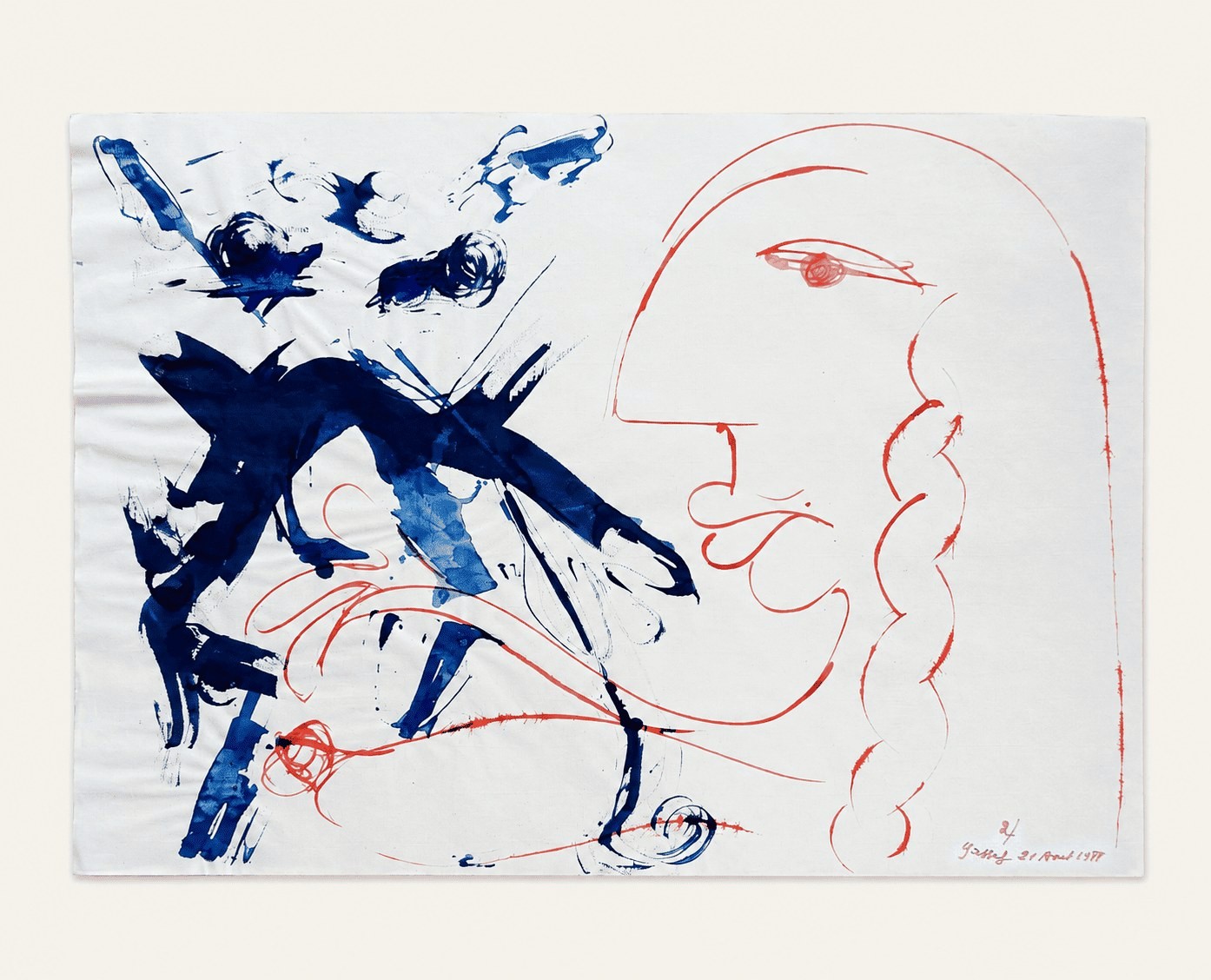 Sans titre, 21 août 1988, profil et forme à l'encre de Chine bleue et rouge