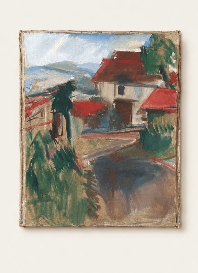 Paysage, village aux toits rouges