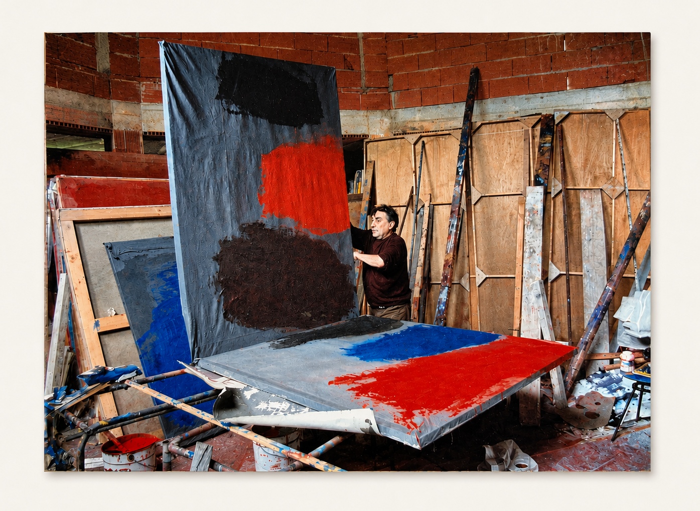 Georges Mathieu Yassef dans l'atelier, devant une grande toile noire, rouge et bleue