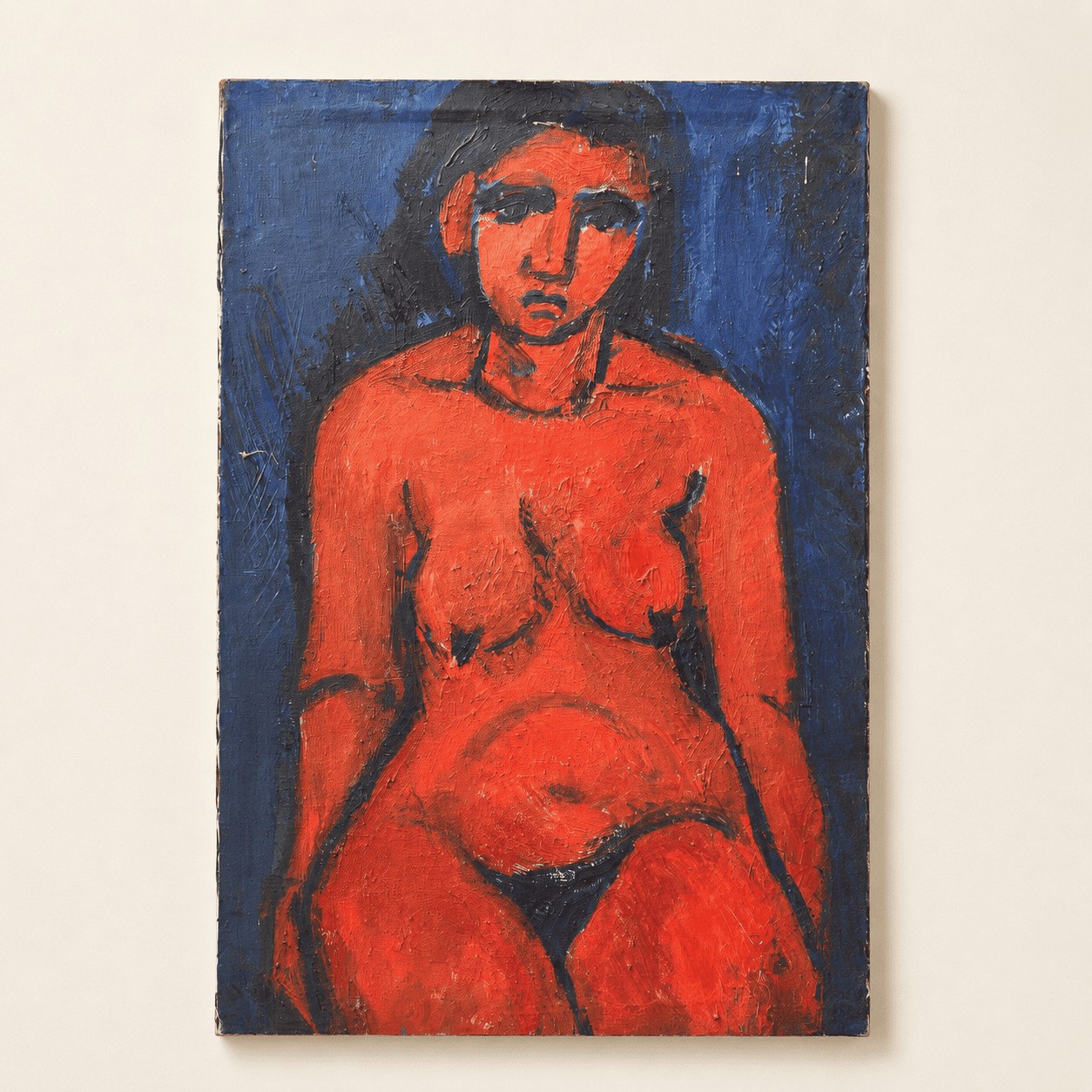 Nu féminin en rouge sur fond bleu