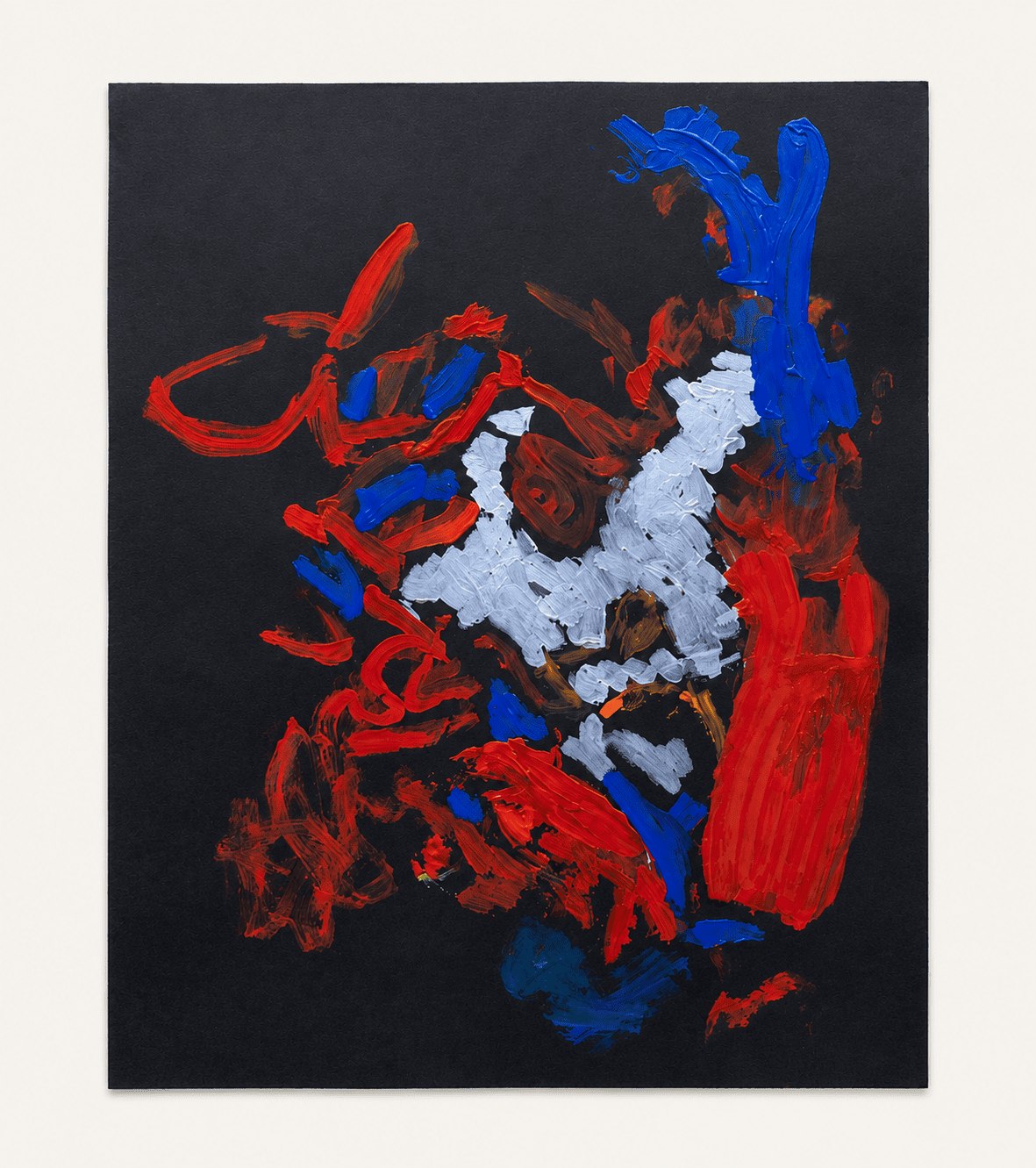 Sans titre, rouge, bleu et blanc sur fond noir